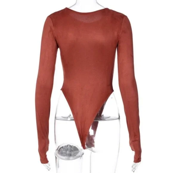 New Red Long Sleeve Thong Back High Cut Leg Bodysuit - Picture 3 of 6